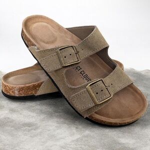 Project Cloud Leather and Suede  Double-Buckle Slide Sandals - Taupe Size 7.5